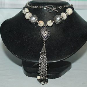 Vintage Ornate 925 Sterling Cable Link & Stone Bead Tassel Necklace 79 Grams